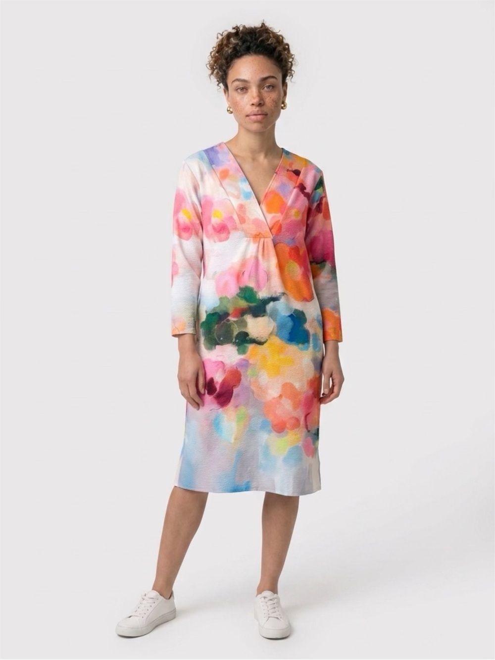 Vibrant Watercolor Floral V-Neck 3/4 Sleeve Midi Dress Kaftan Loungewear SML